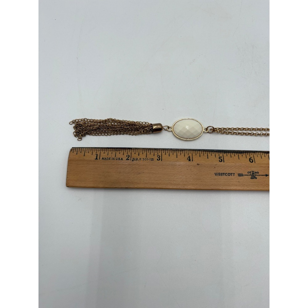 Gold Tone Long Chain Necklace White Faceted Stone Pendant Multi Strand Tassel - Picture 9 of 9